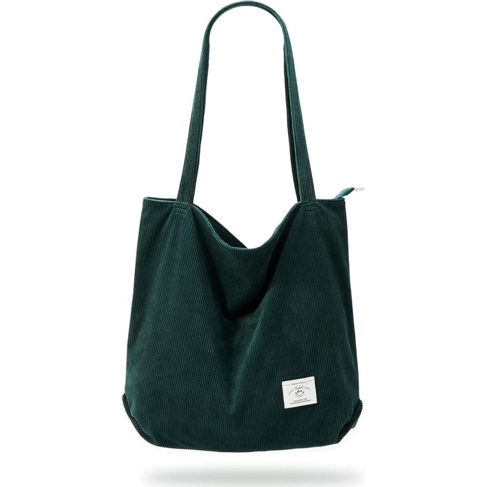 Women Dark Green Imported Corduroy Casual Big Capacity Shoulder Tote Handbag